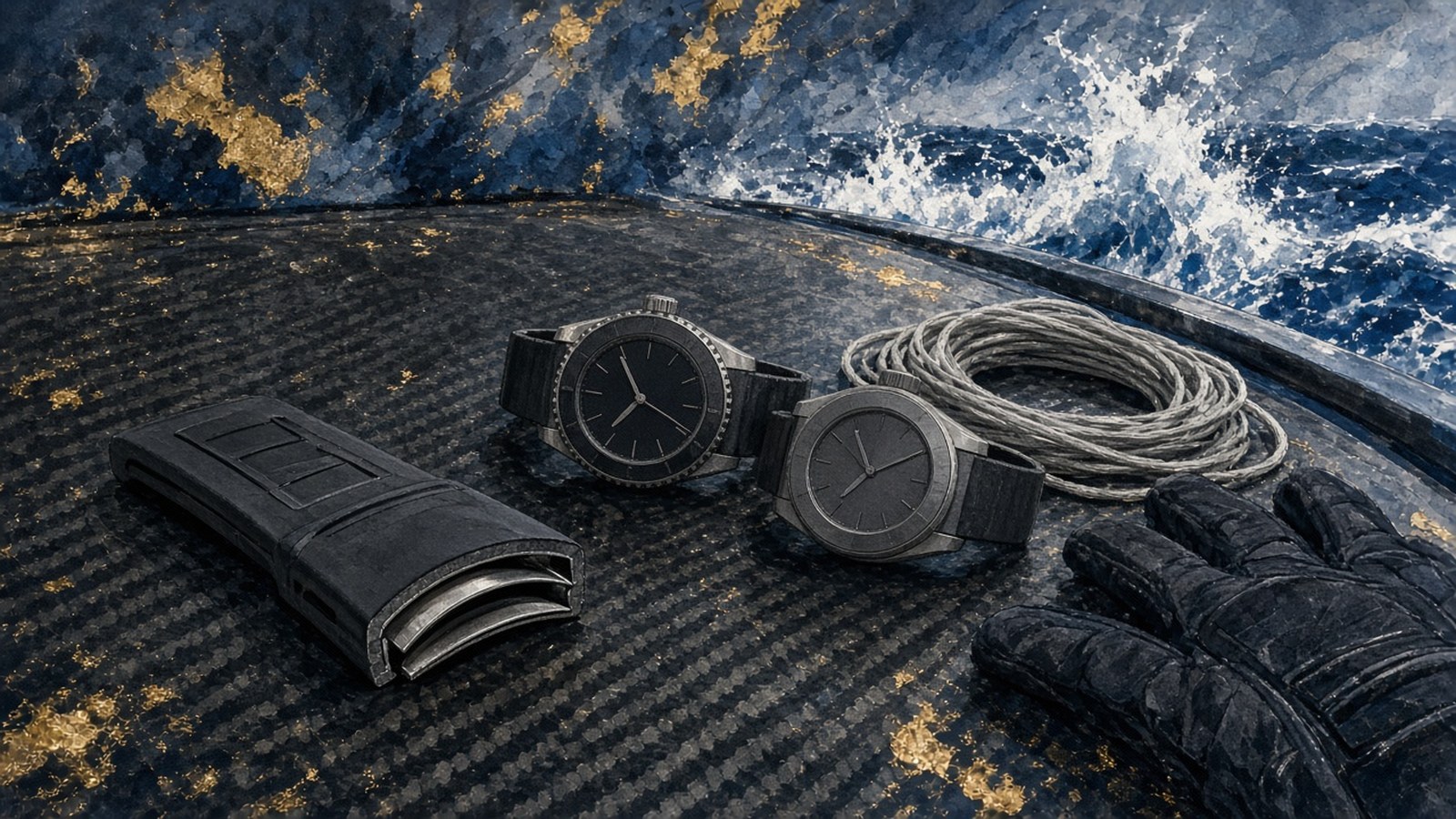 Painting of a cutaway black rubber watch strap showing flexible metal blades inside, beside a white gold watch and a matte titanium watch on a carbon-fibre deck