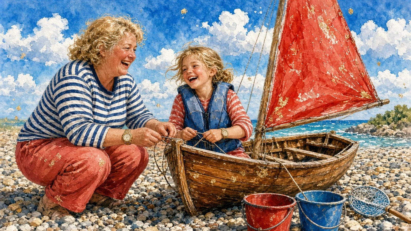 Painting of a curly-haired mother in a Breton top and her laughing daughter in a life vest rigging a red-sailed dinghy on a pebble beach, buckets and a crab net nearby