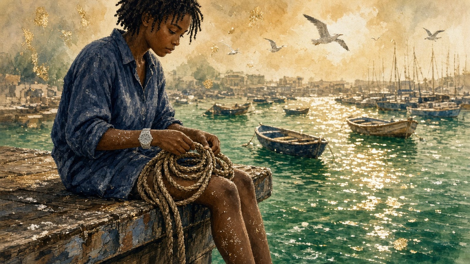 Painting of a young woman with short twists sitting on a dock edge coiling rope, a pale steel watch on her wrist and a green harbour of moored boats and gulls behind