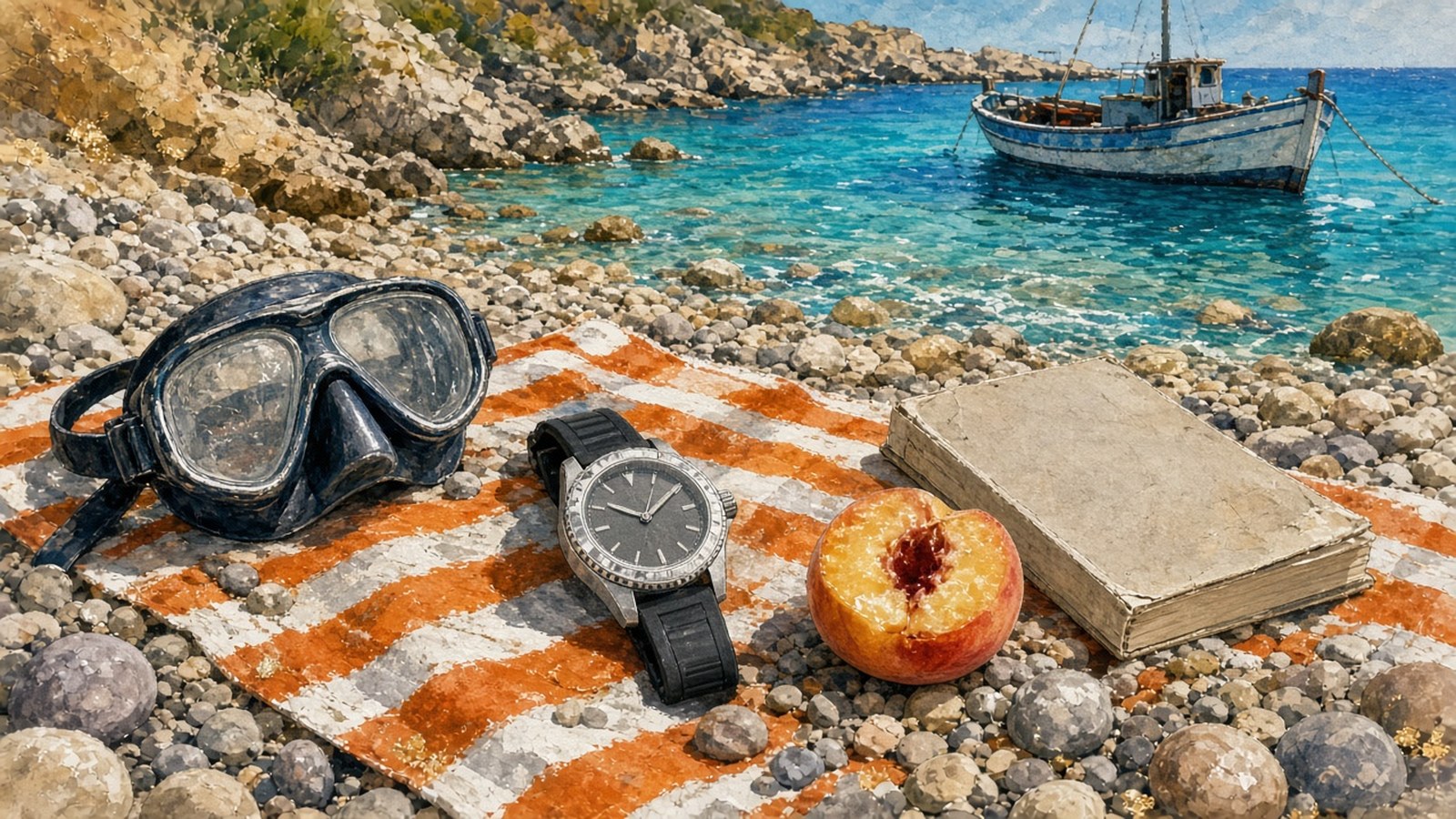 Painting of a steel watch on a black rubber strap lying on a striped towel among pebbles in a rocky turquoise cove beside a snorkel mask, a book and a peach