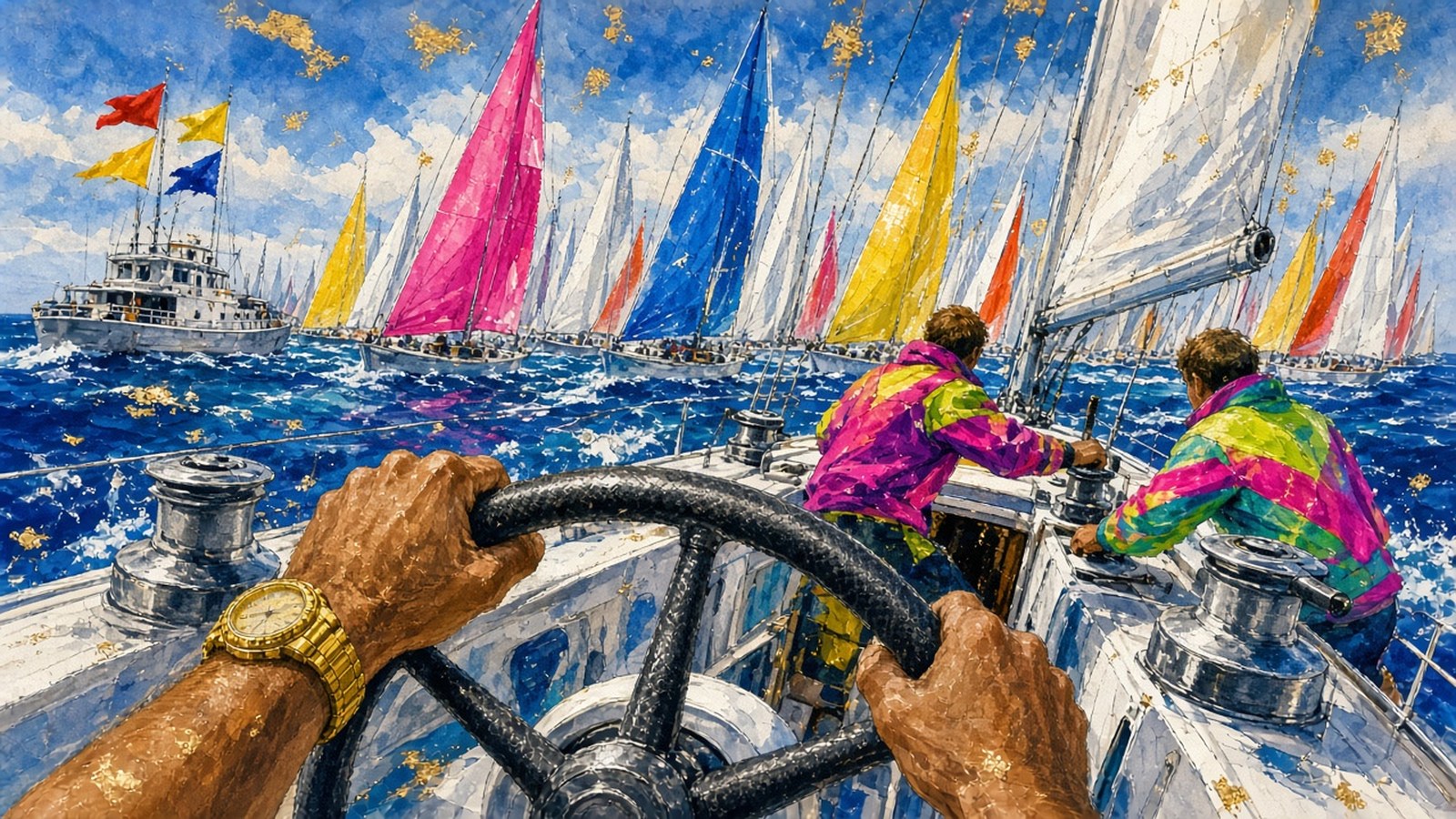 Painting of a helmsman's hand on a wheel wearing a gold watch as crew in neon 1990s jackets grind winches amid colourful regatta sails and a flag-flying committee boat