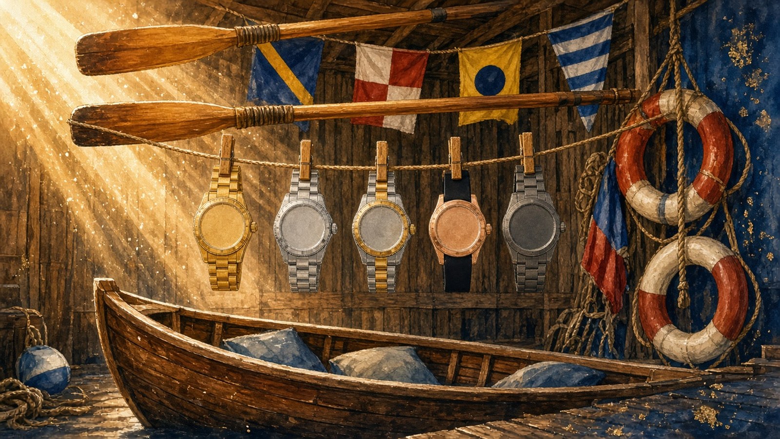 Painting of five watches in yellow gold, steel, two-tone, rose gold on rubber and dark titanium pegged to a drying line in a sunlit boathouse with oars and life rings