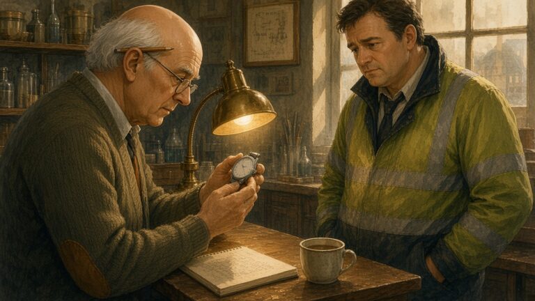 Painting of a bald, white-haired appraiser in half-moon glasses and a cardigan with elbow patches, a pencil behind his ear, examining a steel watch under a brass lamp, while a man in a high-visibility jacket over a shirt and tie waits across the counter beside a cup of tea and a notepad.
