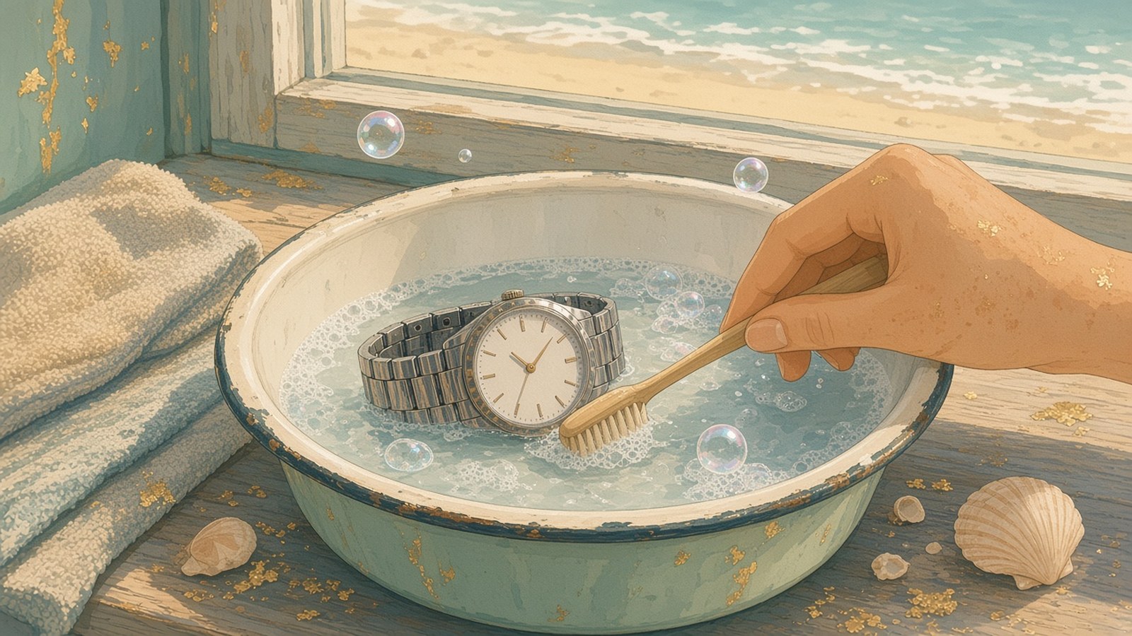 Painting of a hand scrubbing a steel watch with a soft toothbrush in a basin of soapy water by a beach window
