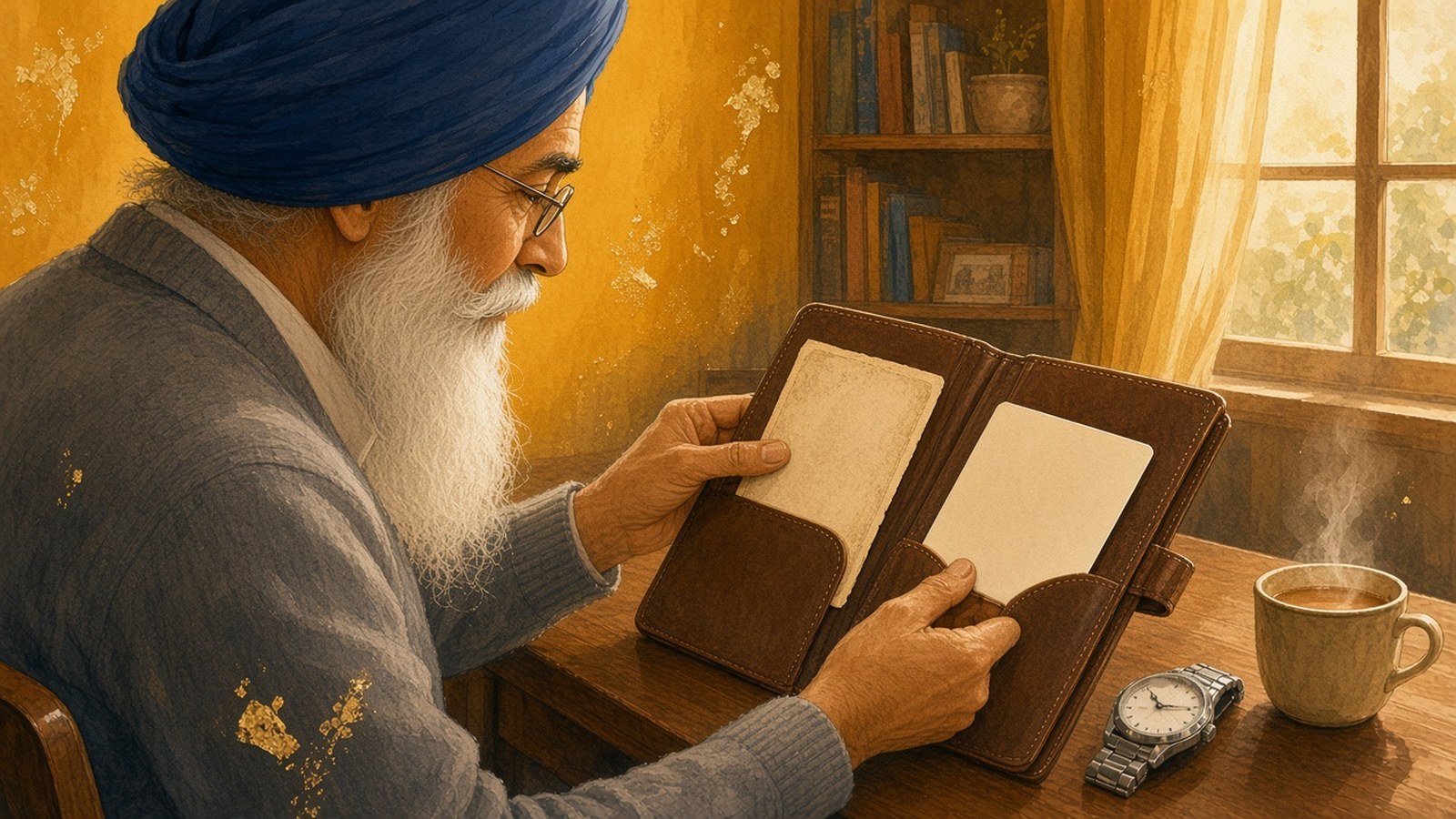 Painting of an elderly man in a blue turban tucking an old and a new card into a leather folio by a sunny window