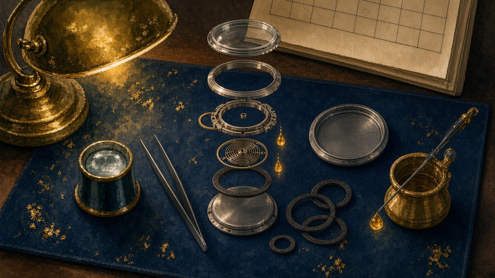 Painting of a watch case taken apart in neat rings and gaskets on a navy bench mat beside a brass lamp and an oiler