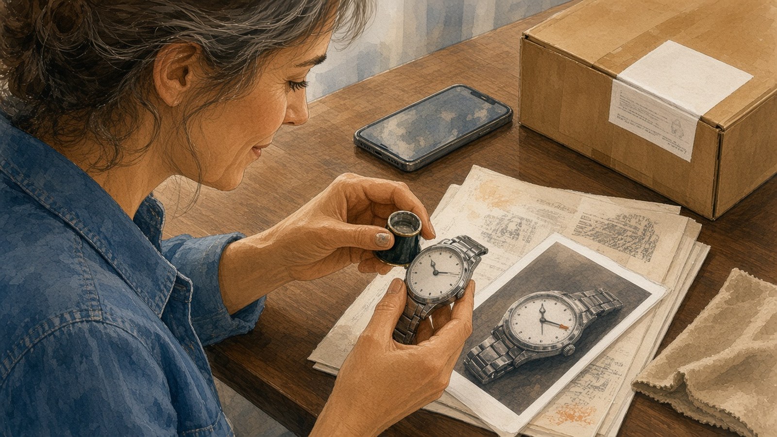 Painting of a woman with gray-streaked hair in a denim shirt holding a loupe to a steel watch while comparing it with a printed photo of the same kind of watch, on a table with papers, a phone, a shipping box and a cloth.