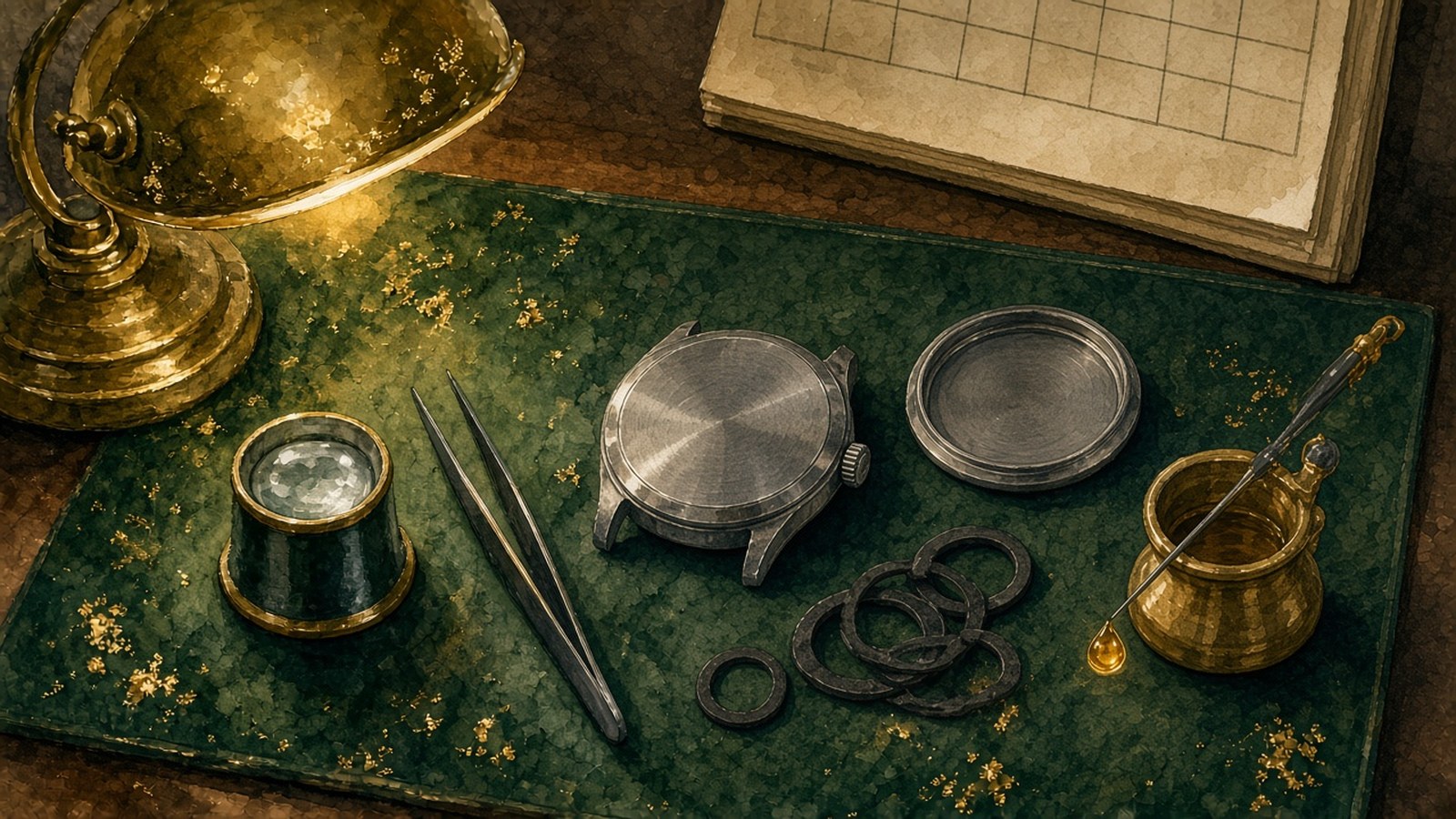 Painting of a green felt bench mat with a steel watch case and its unscrewed case back, a small pile of rubber gaskets, tweezers, a loupe and a brass oil pot with a fine oiler holding one amber drop, under a brass lamp beside a grid-ruled notebook.