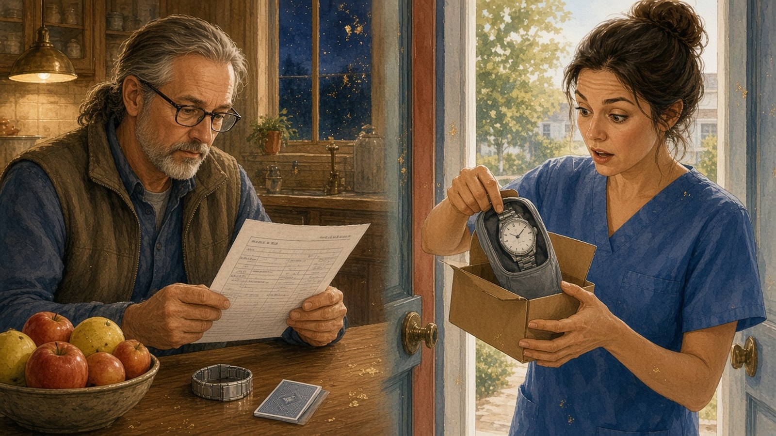 Painting in two halves: a gray-ponytailed man in glasses and a fleece vest reading a printed estimate at a kitchen table beside a fruit bowl and a steel watch; and a woman in blue scrubs at her front door lifting a steel watch in a soft pouch out of a parcel, eyebrows raised.