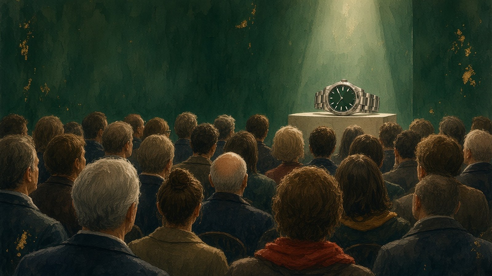 Painting of a packed auction room seen from the back row, every head turned toward one steel watch under a spotlight