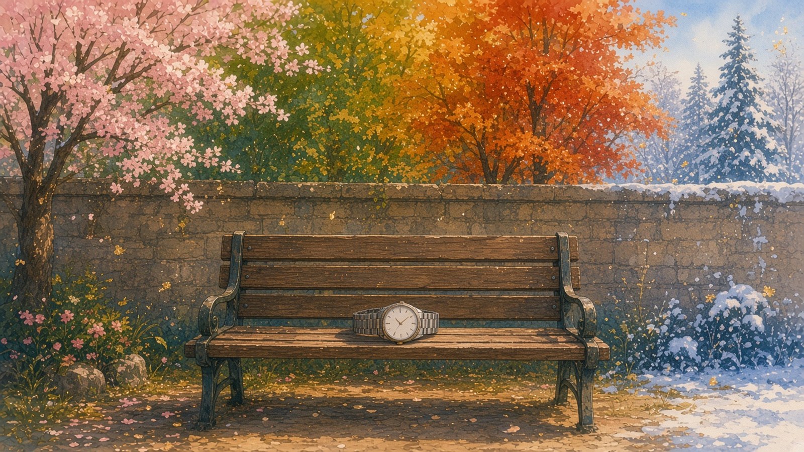 Painting of a steel watch resting on a garden bench while blossom, summer leaves, autumn color and snow pass behind it