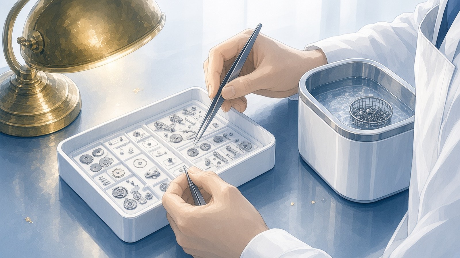 Painting of a watchmaker's gloved hands sorting tiny movement parts in a white tray beside an ultrasonic cleaning bath
