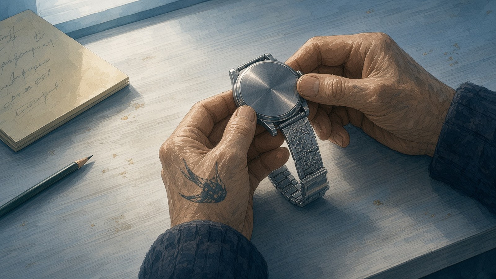 Painting of an appraiser's older tattooed hands tilting a steel watch case-back-up under cool window light, beside a notepad and pencil