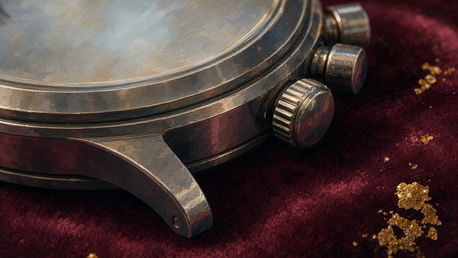 Close painting of a chronograph case edge and pushers on burgundy velvet, the original sharp bevels untouched