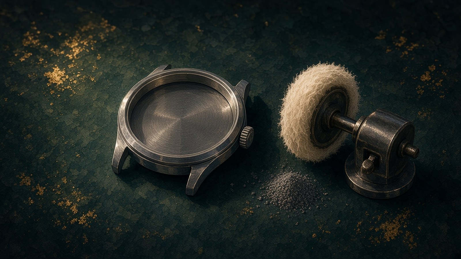 Painting of a crisp-edged steel watch case beside an idle polishing wheel and a small heap of metal dust