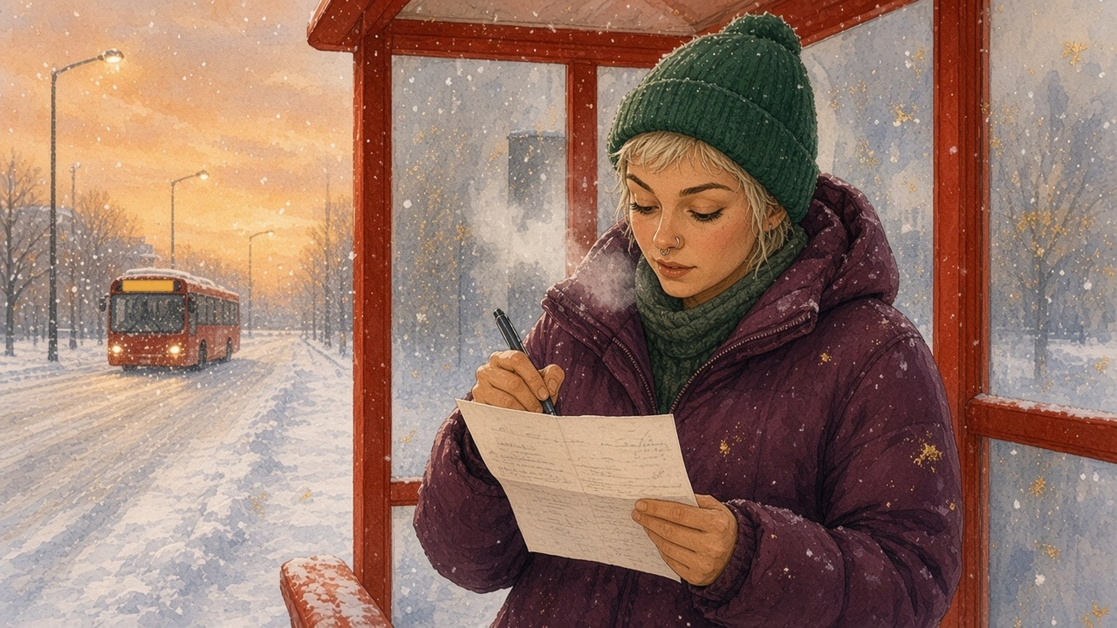 Painting of a young woman in a green beanie at a snowy bus stop, pen in hand, reading over a service estimate