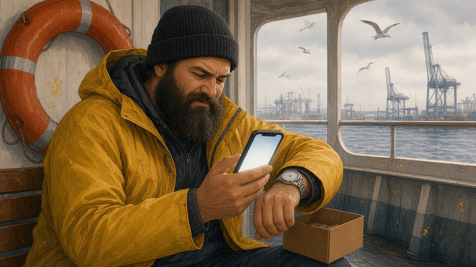 Painting of a bearded man in a yellow rain jacket on a ferry comparing his watch with his phone