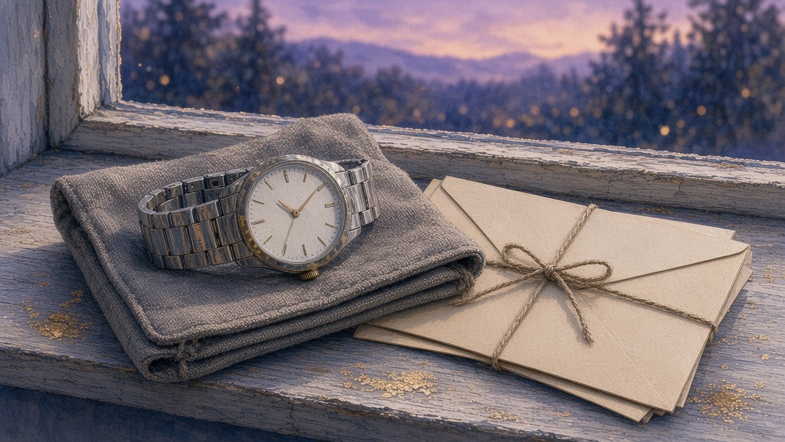 Painting of a steel watch resting on a folded gray cloth on a weathered windowsill at dusk, beside a stack of envelopes tied with string, with pine trees and hills in lavender light outside.