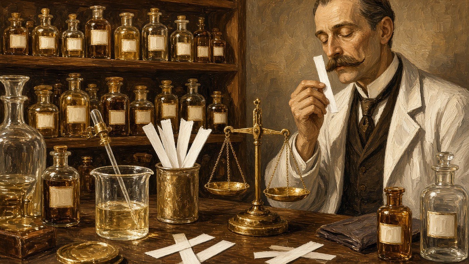 Painting of a 1920s perfumer's laboratory with tiered amber bottles and blotter strips, a gaunt perfumer in a white coat smelling a blotter with his eyes closed