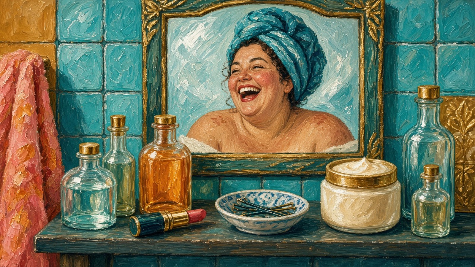 Painting of a cheerful bathroom shelf of unlabelled bottles, a lipstick and a jar of cream, a laughing round-cheeked woman in a towel turban reflected in the mirror