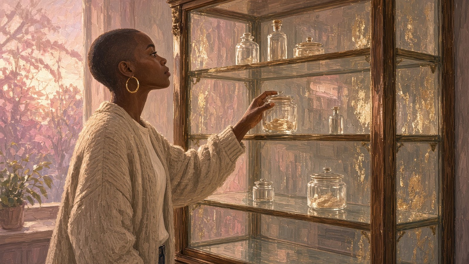 Painting of a young woman with a shaved head and gold hoops placing a round jar in a mirrored glass cabinet at dawn, a few unlabelled bottles already on the shelves