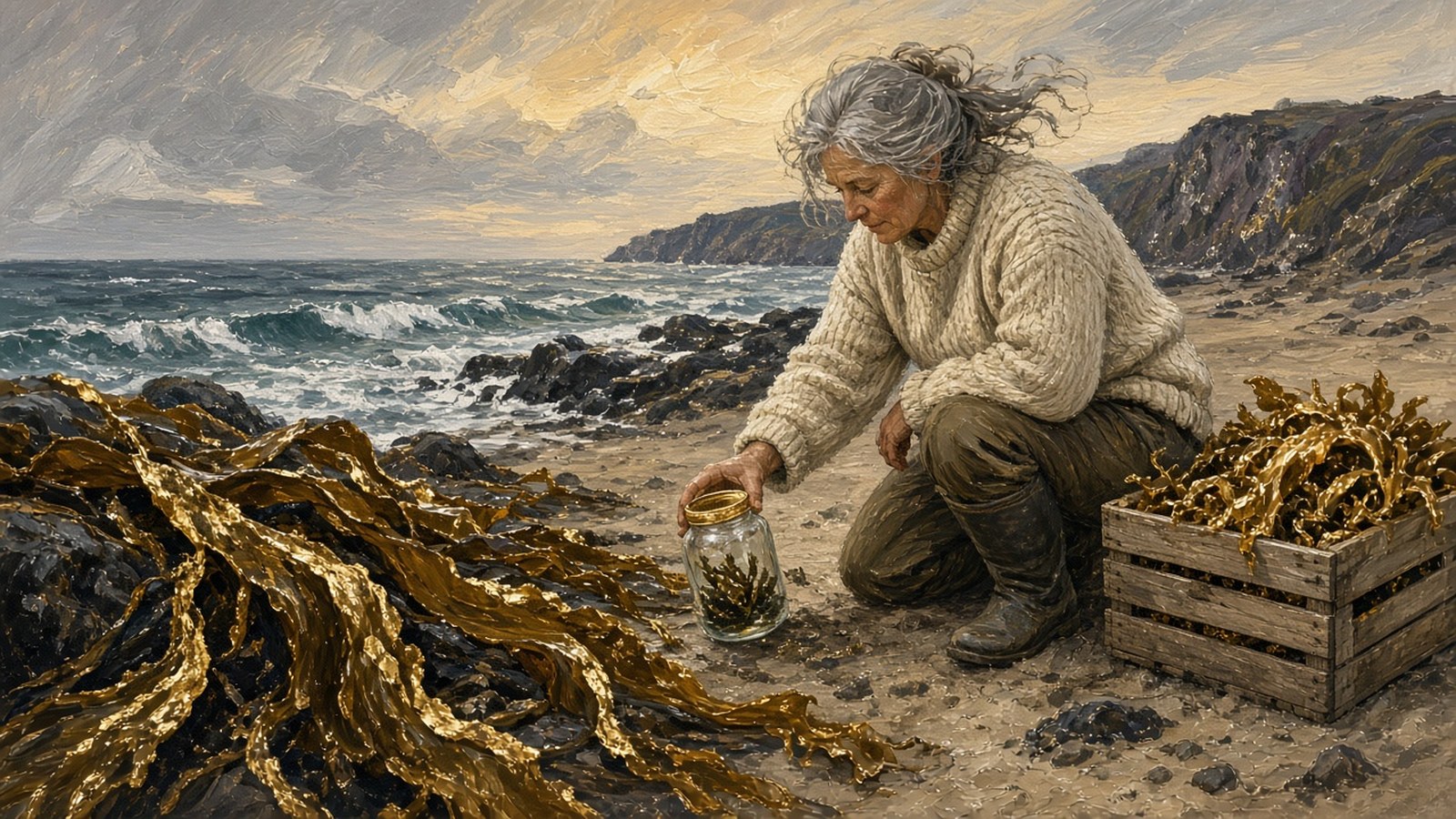 Painting of a weather-beaten scientist in a knitted jumper kneeling on a kelp-strewn northern shore at low tide to collect seaweed in a glass jar