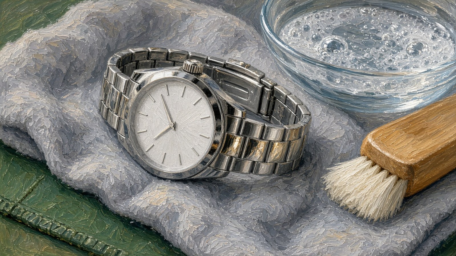 Close-up still-life painting of a steel watch bracelet on a microfiber cloth beside a soft brush and a dish of soapy water