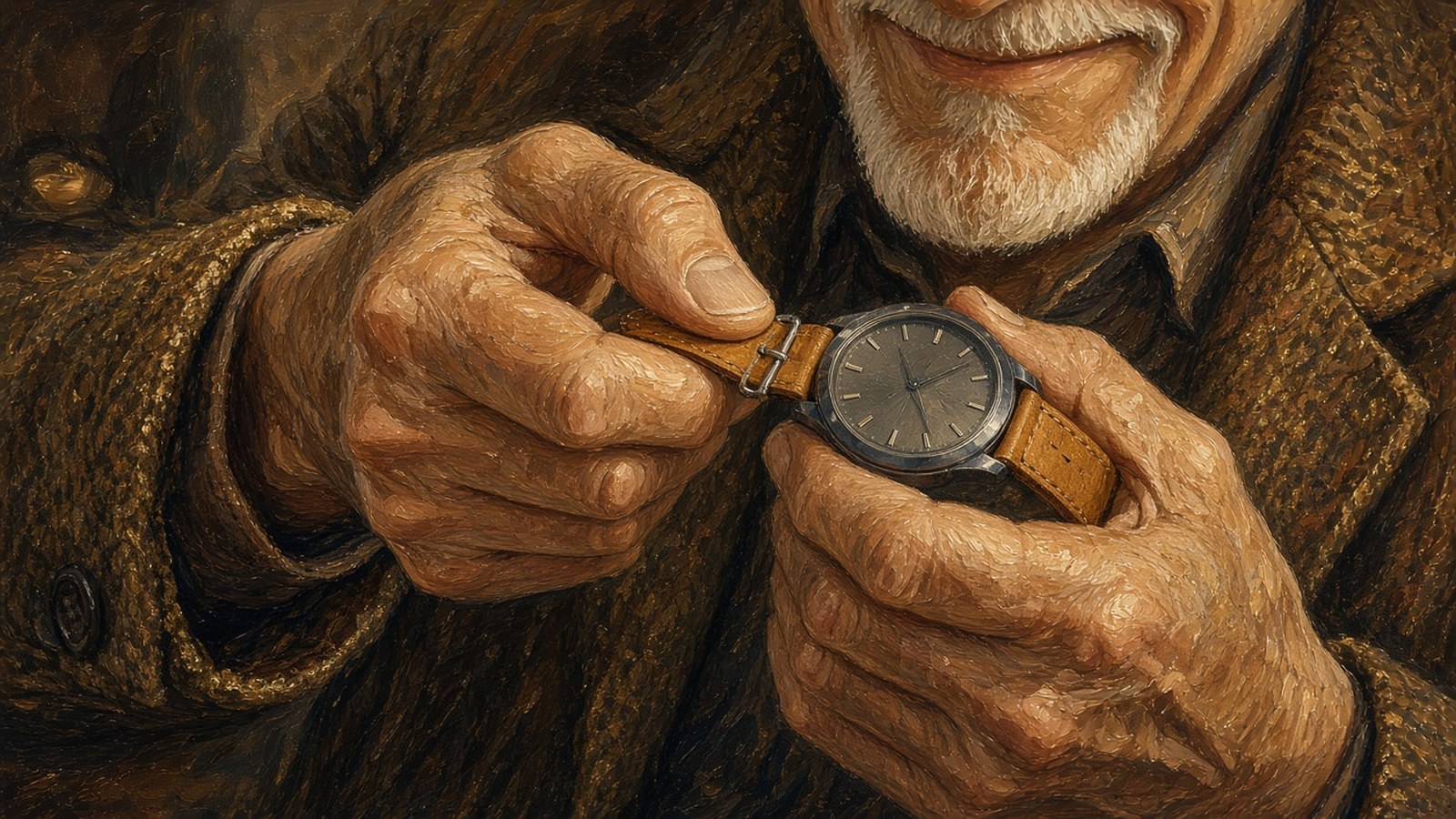 Close-up painting of an older man's hands in a tweed cuff buckling a tan leather strap on a steel watch