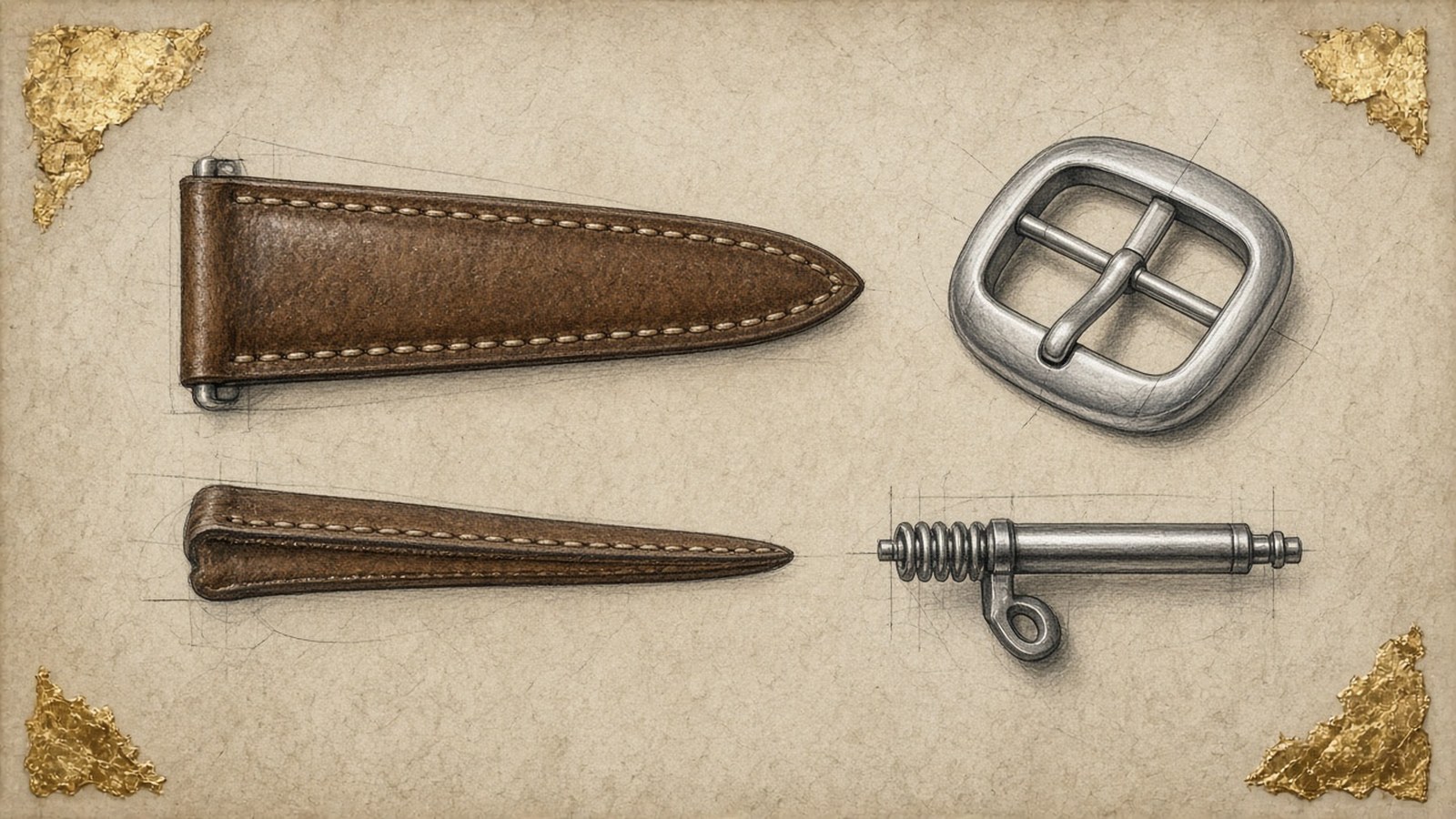 Gouache design sketch of a tapered leather watch strap from the front and side, with details of the buckle and a quick-release spring bar