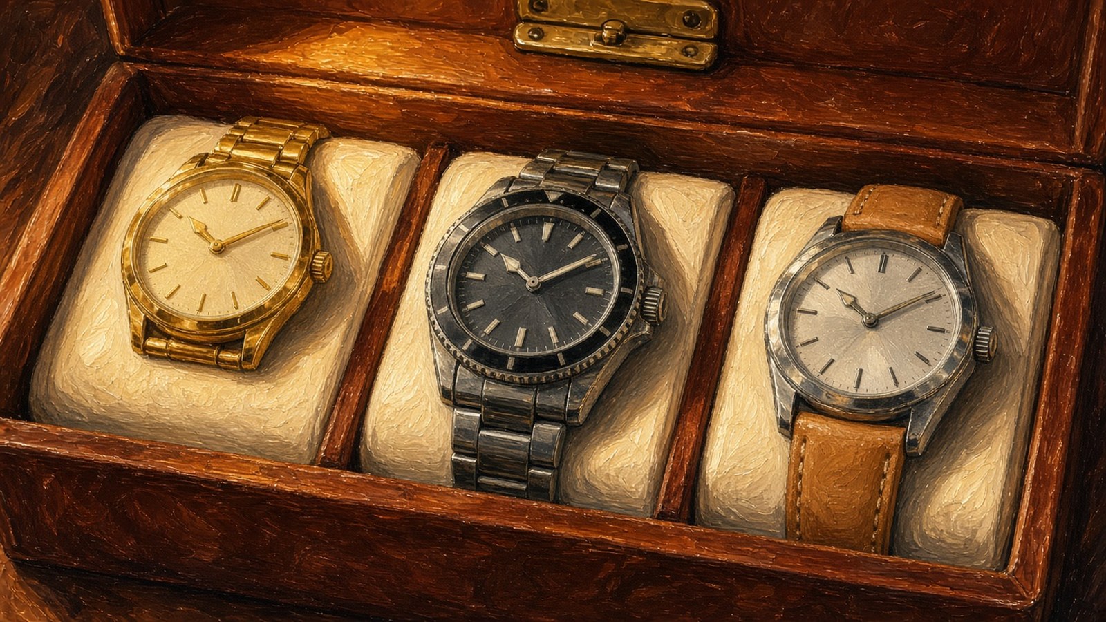 Close-up still-life painting of three watches resting on cream cushions inside a chestnut leather watch box under warm lamplight