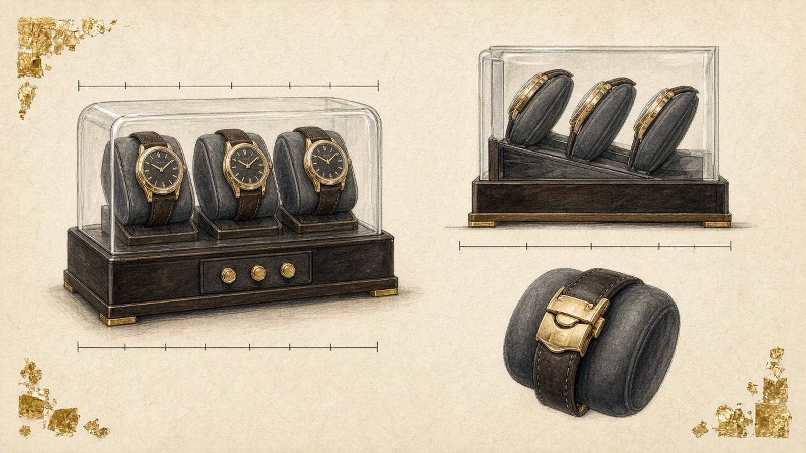 Gouache design sketch of a triple watch winder with a glass cover in three-quarter view, a side section and a clasp detail