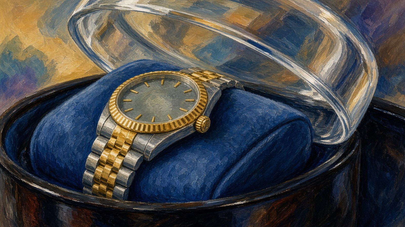 Close-up still-life painting of a two-tone watch with a fluted bezel resting on a single watch winder cushion under an open glass lid