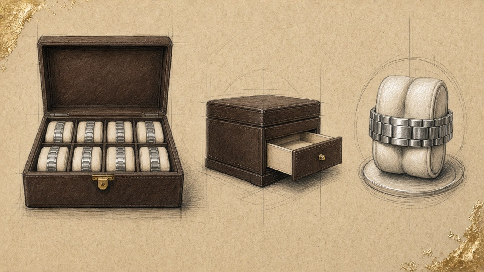 Gouache design sketch on toned paper of an open eight-slot watch box from the front and side, with a detail of a bracelet around one cushion