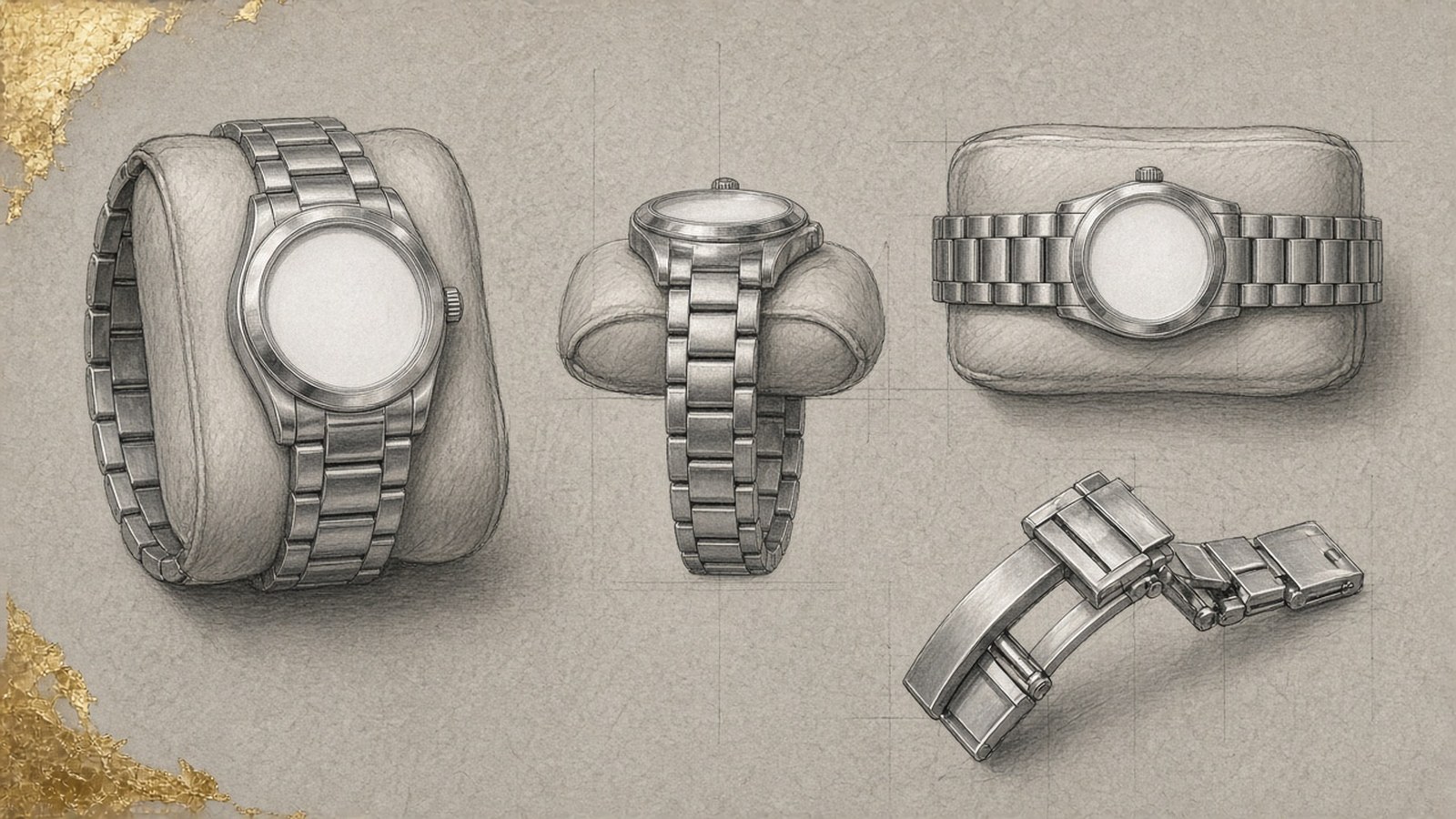Gouache design sketch of a watch cushion from three angles with a steel bracelet around it and a detail of the folding clasp
