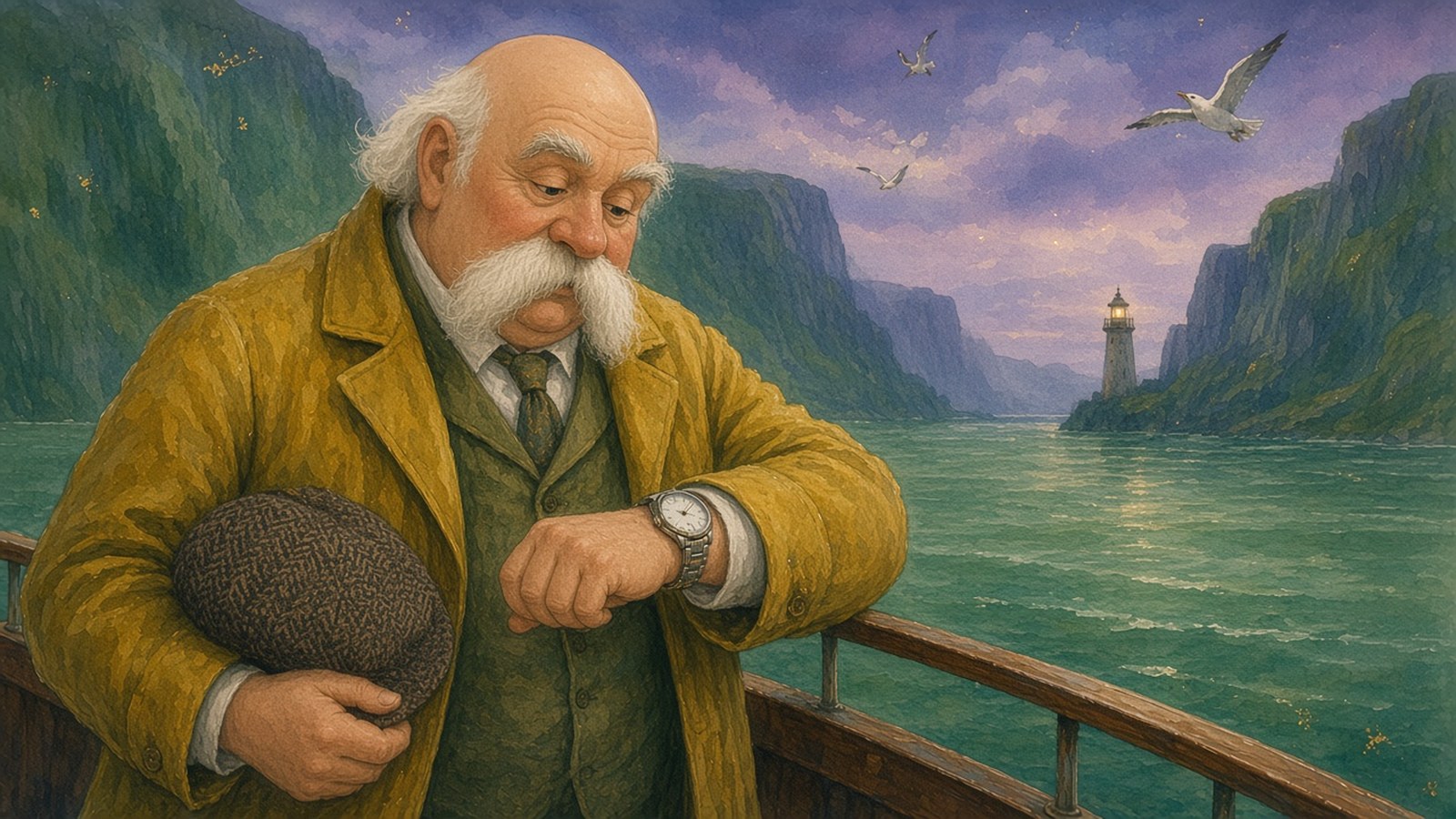 Painting of a bald older man with a white walrus moustache checking his steel watch at the rail of a ferry crossing a green fjord at dusk