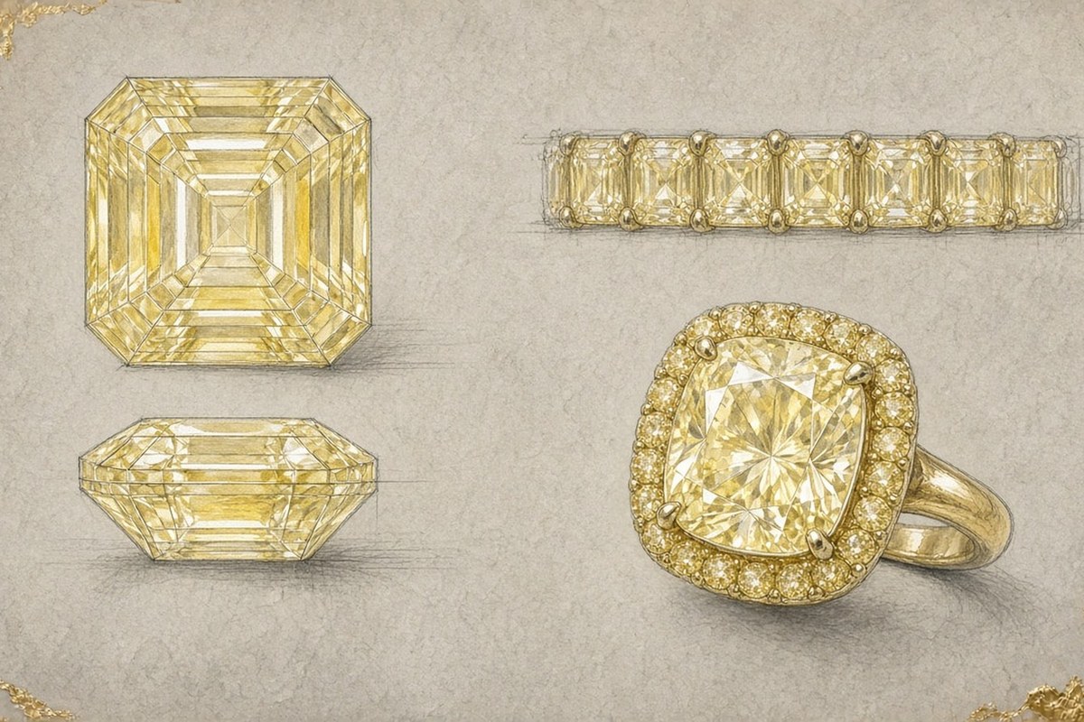 Gouache design sketch of an Asscher-cut stone, an eternity band and a cushion halo ring